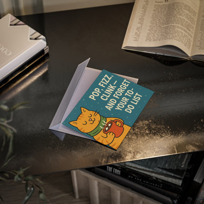 “Pop, Fizz, Clink” Relaxed Holiday Cat Card