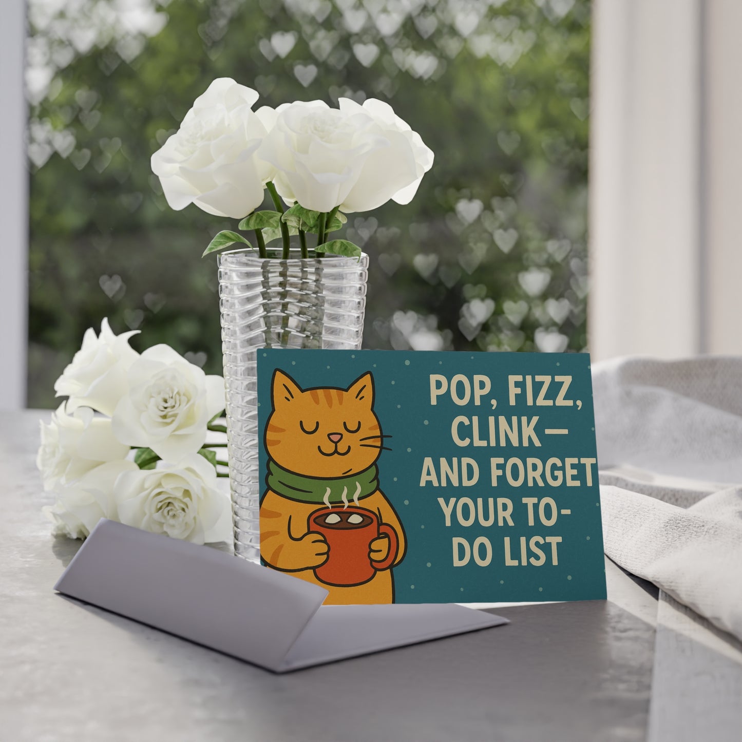 “Pop, Fizz, Clink” Relaxed Holiday Cat Card