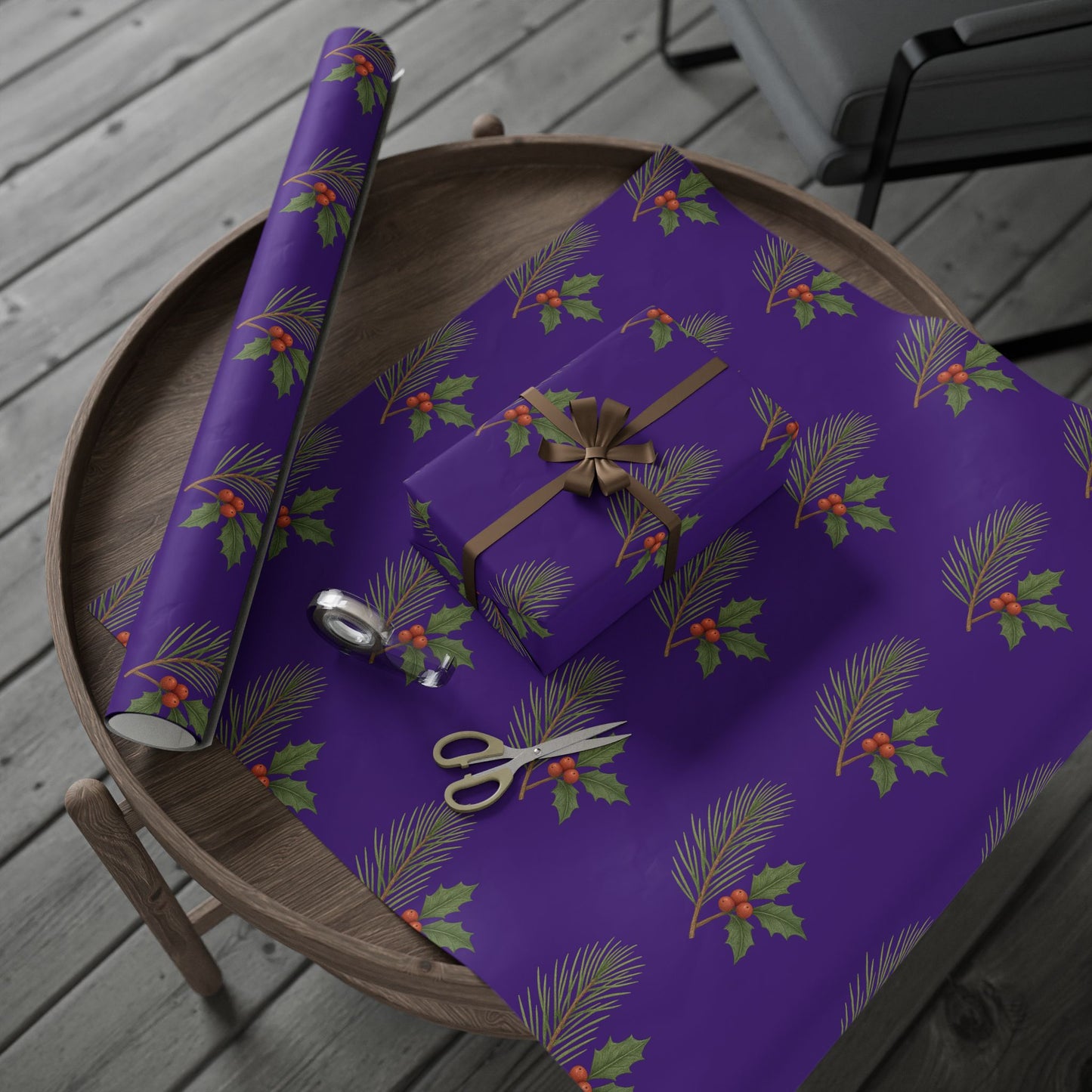 Elegant Holiday Wrapping Paper - Festive Purple with Holly Design