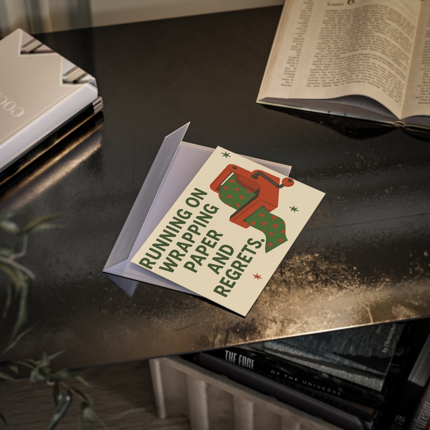 Running on Wrapping Paper and Regrets Funny Holiday Card