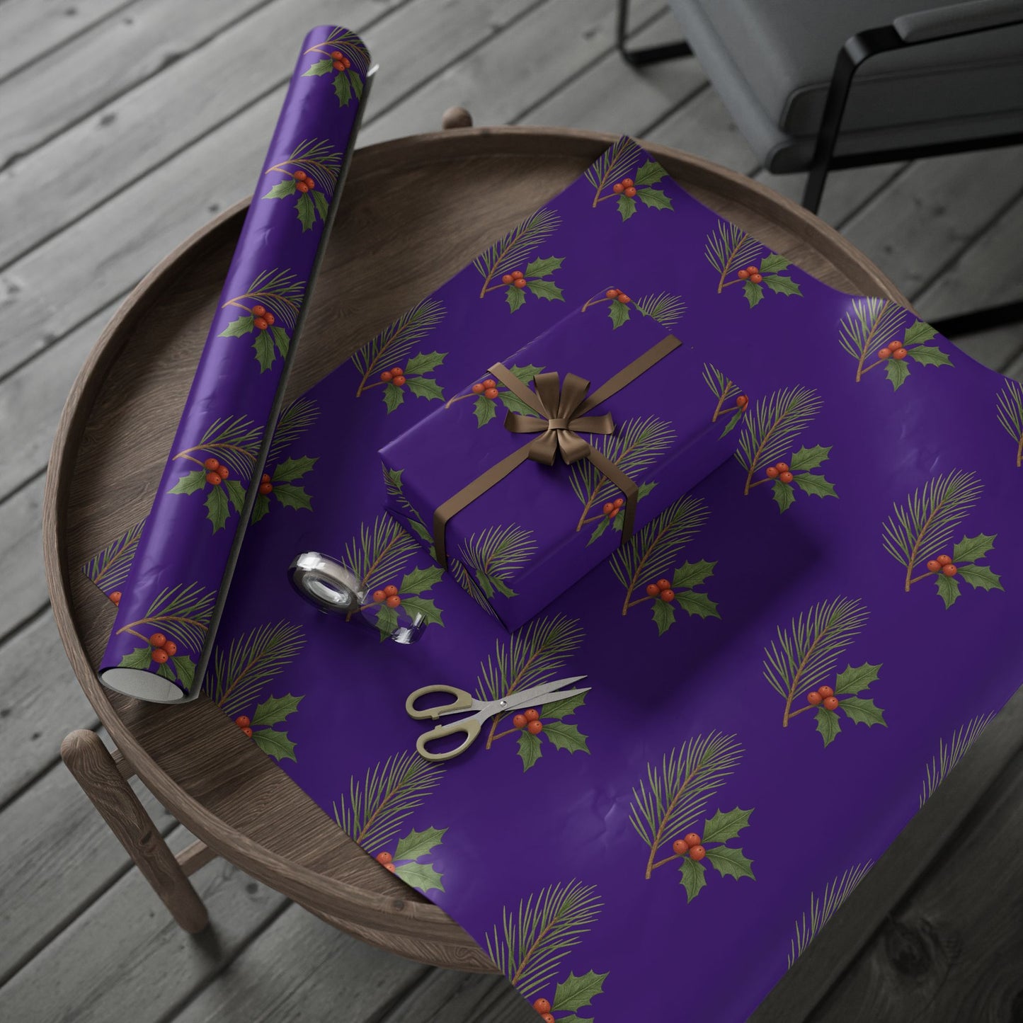 Elegant Holiday Wrapping Paper - Festive Purple with Holly Design